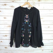 Umgee Blouse Women Xlarge Black Long Sleeve Tunic Embroidered Floral Bohemian picture