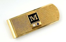 Vtg Jostens Money Clip Monogram Gold Tone Letter M White Blue Stone Mens Gift picture