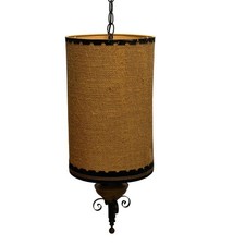Pair Vintage MCM Burlap Cylinder Swag Lamps 1960s Hanging Chain Lights Set 2 picture