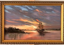 Sophie Dare Original Art 10x16 Oil painting  Galleon at Dawn with Gold Frame picture