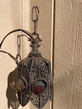 Vintage Chandelier Tulip Pendant Lamp Spelter Brass Jeweled Filigree SWAG Gothic picture