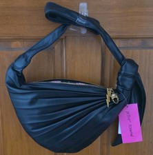 Betsey Johnson Black Pleated Crescent Shoulder Bag Zip Skull Charm Gold HW picture