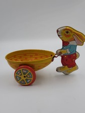 Vintage J. Chein & Co. Tin Litho Easter Bunny Rabbit Pulling Wheelbarrow Cart - picture