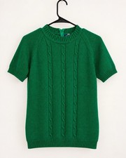 Vintage 60s 70s Green Cable Knit Sweater M Short Sleeve Mod Zip Back Pullover picture
