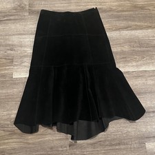 VTG Cabi 100% Suede Leather Black Paneled High Low Flare Midi Skirt Size 8 Y2K picture
