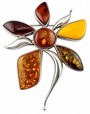Sterling Amber Brooch Egg Yolk Cherry Olive 925 Silver Pendant Statement HUGE picture
