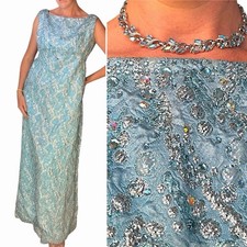 Vintage 50s60s Lee Claire Bonwit Teller Blue Silver Brocade Rhinestone Maxi Gown picture