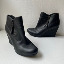 Ugg Australia Meredith Leather Wedge Ankle Boots Size 10 Black Shearling Booties picture