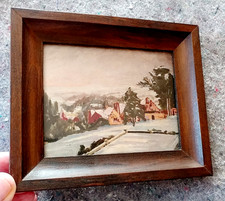 Antique Winter Landscape Waterolor  Original Impressionist Snowy Village Frame picture
