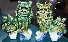 Set 2 Chinese FU FOO DOG FIGURINES Glazed Ceramic Pottery MOTTLED GREEN & BLUE picture