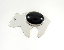Melissa Yazzi .925 Sterling Silver Brooch Bear Fetish Black Onyx Navajo Cute picture