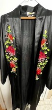 RARE Vintage 1960s, 100% Silk Hand-Embroidered Black Floral Robe picture