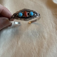Vtg Navajo LL Sterling Silver Turquoise Coral 3-Stone Row Shadowbox Bracelet picture