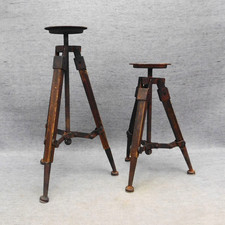Set of 2 Vintage Metal & Wood Tripod Folding Candle Holders 16” & 12” Clean Used picture
