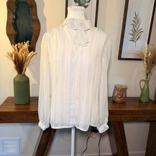 Vintage Sheer Striped Blouse Tie Neck Button Up Secretary Top Size 8 picture