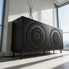 Modern Black Sunburst Wood Sideboard Buffet Accent Storage Cabinet Console Table picture