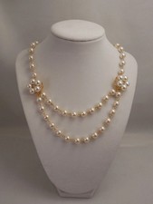 Gorgeous 8mm Cream Glass Pearl & Diamond 18K Yellow Gold Over 2 Strand Necklace picture
