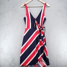 Express Dress Women's Extra Small Blue, Red, And White Striped Tie Waist Lined picture