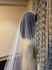 Bridal Veil mantilla Crystals beads pearl cathedral length for bride picture