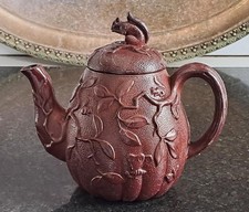 Rare 18th C Gourd Shaped Redware Teapot Moulded with Squirrels and Bees C 1770+ picture