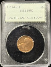 1934-D Lincoln Wheat Cent, MS65RD PCGS Rattler (27589) picture