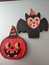 Two Vintage Style Wood Halloween Pumpkin & Bat Decor. Shelf Sitters  NEW picture