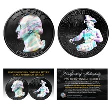 1976 Bicentennial Genuine U.S. Quarter Coin - BLACK RUTHENIUM & SILVER HOLOGRAM picture