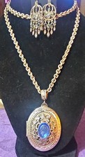 Vtg Whiting Davis Signed Blue Lucite Cameo Locket Necklace w/ Matching Earrings picture