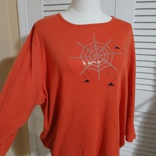 C.B Casual Plus 1X Pumpkin Colored Metallic Spider Web 3/4-Sleeve Knit Shirt  picture