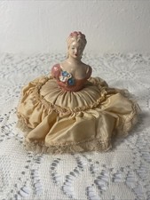 Antique Victorian 1920’s Pin Cushion Half~Chalkware Lady w/Satin Lace Dress picture