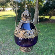Vintage Moroccan Byzantine Purple Glass Hanging Candle Lantern Gold Tone Ornate picture