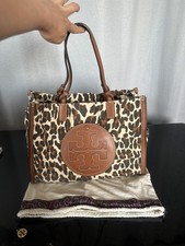 Authentic Tory Burch Ella Leopard Print Leather-Trim canvas Tote - Brown/Cream picture