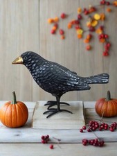 Primitive Halloween Fall Black Crow with Gold Beak and Metal Feet Figurine picture