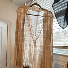 maurices Women’s Beige Sheer Knit V-Neck Lace Trim Long Sleeve Pullover Top XL picture
