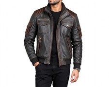 MEN’S DISTRESSED LEATHER BIKER JACKET – BLACK & BROWN VINTAGE MOTO STYLE picture