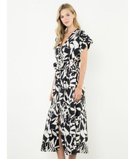 THML Ivory Abstract Midi Dress V-Neck Cap Sleeves Button A-Line Size L picture