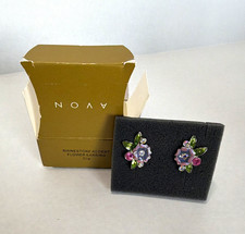 Vintage Avon Flower Clip-On Earrings Multicolor Simulated Rhinestone Cluster picture