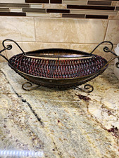 Oval Brown Metal & Wicker Decorative Basket w/ Handles Rustic 16x7x6 picture