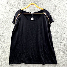 New Rockmans Womens T-Shirt Top Size XL Black Stretch Knit Short Sleeve Chains picture