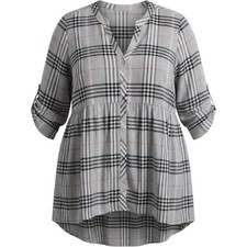 Torrid Lexie Plaid Chiffon Babydoll Blouse Grey Black Roll Tab Sleeve Size 3 3X picture