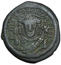 TIBERIUS II CONSTANTINE Æ Follis Constantinople Mint Year-7, 580/581 AD 32mm EF picture