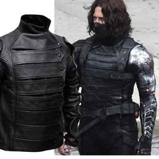 Captain America Winter Soldier Bucky Barnes Leather Jacket with Removable Arms picture