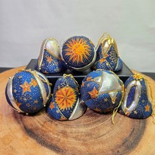 Vintage Whimsy Celestial Ornaments Quilted Set 7 Navy Gold Sun Moon Stars Bells picture