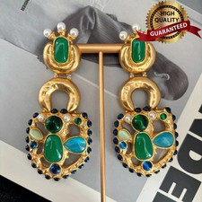 🎁AUTHENTIC High Quality Schiaparelli Charm Colored Gemstone Pearl Gold Earrings picture