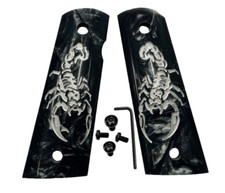 1911 GUN GRIP fits Colt & Clones Full size Black Pearl SCORPION ENGRAVED W/Scews picture