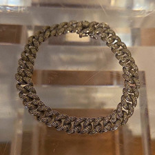 2k Diamond 925 Sterling Silver Cuban Link Chain Bracelet Box Clasp, Signed picture