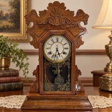 Antique 1890 Waterbury 8-Day Parlor Mantel Clock Carved Wood Key Pendulum picture