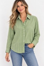 Xirena Cotton Button Down Green White Striped Lightweight Oversize Coastal SZ M picture