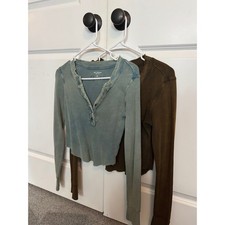 Arizona Jean Co Long Sleeve Waffle Knit Henley Top Bundle Blue Brown XS Small picture
