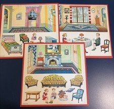 Lot of 3 Vtg 1930’s Paper Doll Punch-Out Sheets Dollhouse Rooms Children Japan picture